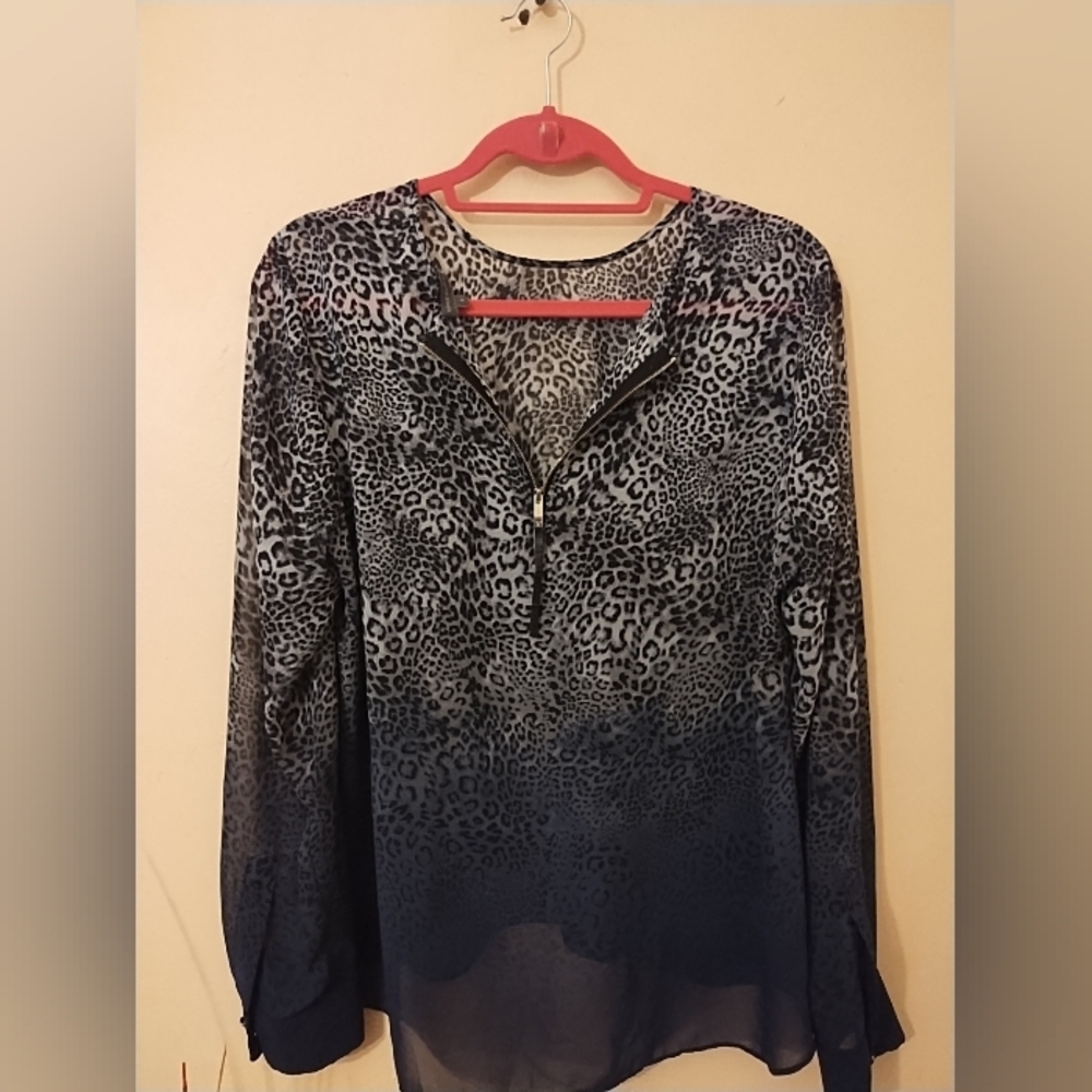 Vince Camuto Women's Leopard Print Sheer 100% Polyester Blouse - Blk & Grey Sz L